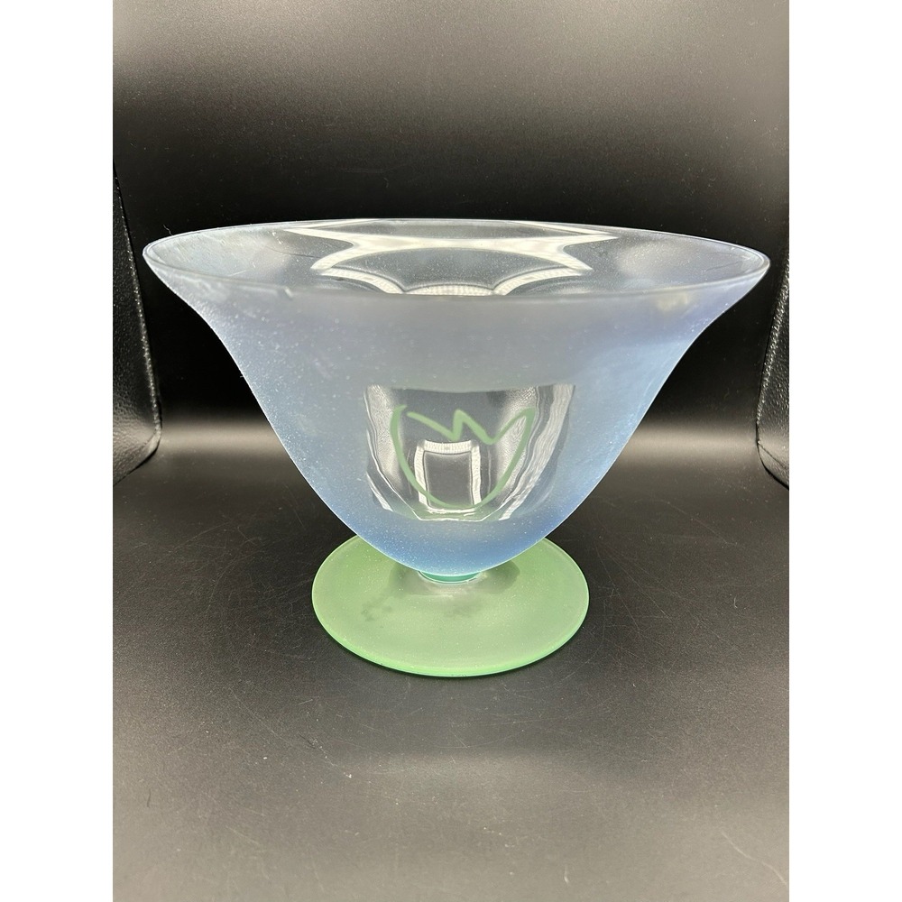 Block Mouth Blown Crystal Art Glass Footed Bowl Frosted Blue Body Green Base